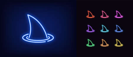 Neon shark fin, glowing icon. Neon silhouette of shark fin in vivid colors. Hidden threat and danger, sea and ocean hungry predator. Icon set, sign, symbol for UI design. Vector illustrationのイラスト素材