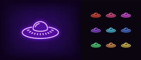 Neon alien UFO, glowing icon. Neon alien spacecraft, UFO spaceship in vivid colors. Space invasion, martian ship, unidentified flying object. Icon set, sign, symbol for UI. Vector illustrationのイラスト素材