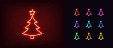 Neon Christmas tree with star, glowing icon. Neon New Year tree silhouette, outline Christmas tree in vivid colors. Festive fir with neon light. Icon set, sign, symbol for UI. Vector illustrationのイラスト素材