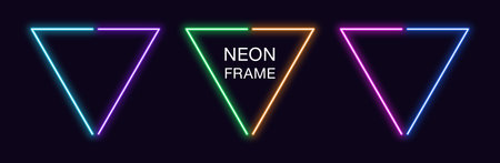 Neon triangle Frame. Set of triangular neon Border in 2 outline parts. Geometric shape with copy...