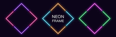 Neon rhomb Frame. Set of rhombus neon Border in 4 angular parts. Geometric shape with copy space, futuristic glowing element for social media stories. Violet, pink, orange, azure. Fully Vectorのイラスト素材