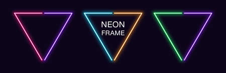 Neon triangle Frame. Set of triangular neon Border in 2 outline parts. Geometric shape with copy space, futuristic glowing element for social media stories. Violet, pink, orange, azure. Fully Vectorのイラスト素材