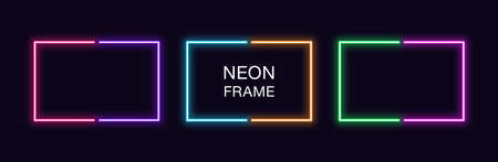 Neon rectangle Frame. Set of rectangular neon Border in 2 outline parts. Vector geometric shape with copy space, futuristic glowing element for social media stories. Violet, pink, orange, azureのイラスト素材