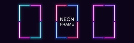 Neon rectangle Frame. Set of rectangular neon Border in 4 angular parts. Geometric shape with copy space, futuristic glowing element for social media stories. Blue, pink, purple, violet. Fully Vectorのイラスト素材