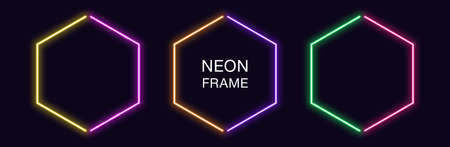 Neon hexagon Frame. Set of hexagonal neon Border in 2 outline parts. Geometric shape with copy space, futuristic glowing element for social media stories. Yellow, purple, orange, green. Fully Vectorのイラスト素材
