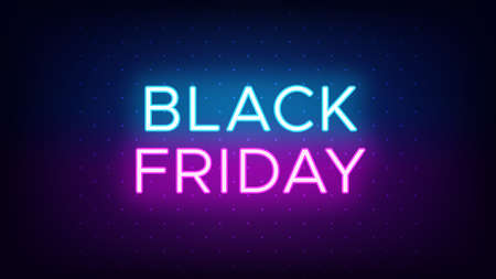Black Friday sale banner in neon style. Promo banner with glowing neon text of Black Friday for social media and advertising. Vivid headline and title. Vector illustration, blue and purple colorsのイラスト素材