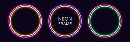 Neon circle Frame. Set of round neon Border with double outline. Geometric shape with copy space, futuristic graphic element for social media stories. Yellow, purple, orange, green. Fully Vectorのイラスト素材