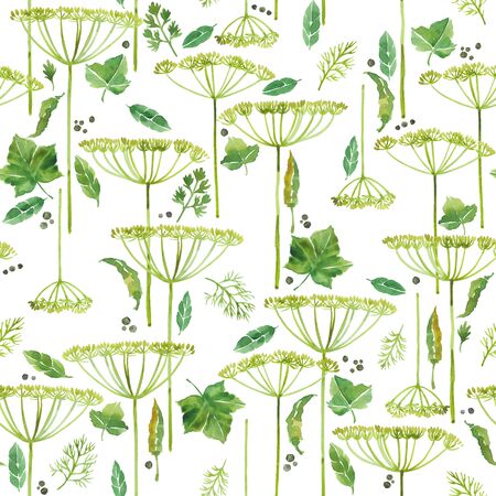 Watercolor seamless pattern with various types of spices on white background.の写真素材