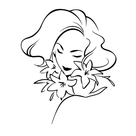 Vector illustration of woman with curled hair and lily flowers. Black simple silhouette isolated on white background.のイラスト素材