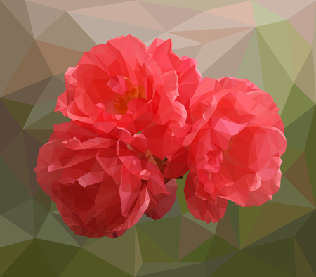 Abstract polygonal rose. Vector illustration of three red roses in low poly style on background. Picture of flowers made of colored triangles.のイラスト素材