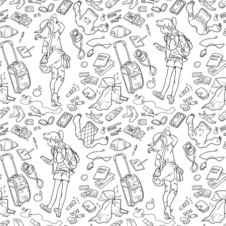 Illustration of two girls and different stuff for traveling. Seamless pattern for coloring. Black and white, anti-stress. Adult and children coloring books.のイラスト素材