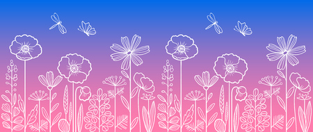 Linear pattern made of decorative flowers and plants with dragonfly and butterfly, nature of wild field and meadow. Vector sketch illustration isolated on blue pink background. Can be used as border.のイラスト素材
