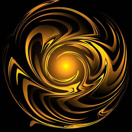 Abstract vector illustration, twisted spiral swirls. Deformed curls in gold yellow colors on black background.のイラスト素材