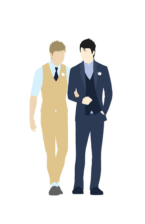Gay wedding couple in suits. Same-sex family. Gay marriage. Two caucasian men getting married on isolated background. Vector art, cartoon style. Design for wedding invitation, Save the Date cards etc.のイラスト素材