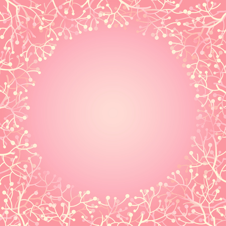 Round frame with abstract branches and berries in soft pink colors. Can be used for greeting cards, weddings and invitations. Vector colored sketch illustration.のイラスト素材