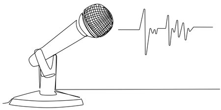 Studio microphone with sound waves in one line on a white background. Stock vector illustration of vocalist sound equipment. The concept of a stream, performance, stream, karaoke.のイラスト素材