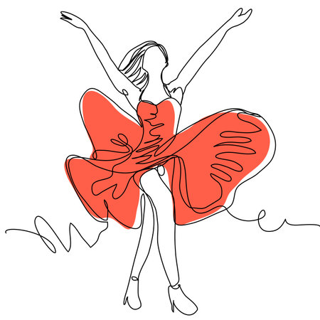 The girl catches the wind with her hands with a developing red dress in one line on a white background. The concept of female beauty and tenderness. Associativity with poppy flower. Stock vector.のイラスト素材