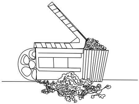 Movie clapperboard, popcorn and film reel in one line. The concept of a cinematic image. Stock vector illustration with editable stroke.のイラスト素材