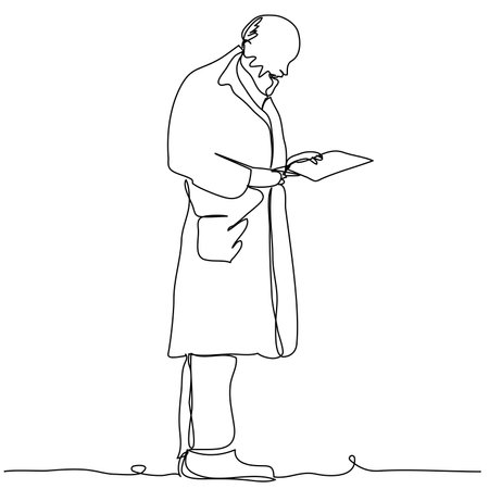 A old doctor with a beard in a bathrobe reads a sick patient's card in one line on a white background. Conceptual image of treatment in a hospital. Stock vector illustration with editable stroke.のイラスト素材