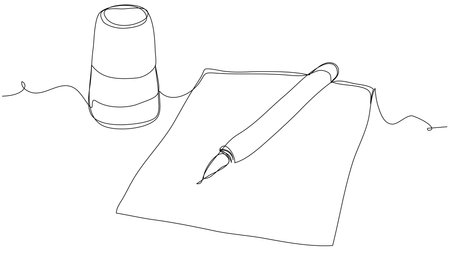 A sheet of paper, a ballpoint pen and one line print on a white background. The concept of creating and signing a document. Stock vector illustration with editable stroke.のイラスト素材