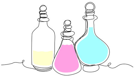 3 rounded bottles with multi-colored liquid in one line on a white background. The concept of vessels with magical liquid. Stock vector illustration with editable stroke.のイラスト素材