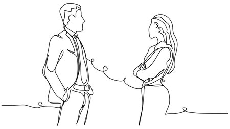 Communicating employees at work in one line on a white background. The concept of a working dialogue in a minimalist style. Stock vector illustration with editable stroke.のイラスト素材