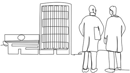 Two doctors communicate against the backdrop of the hospital in one line on a white background. Dialogue of two employees near the clinic in a minimalist style. Stock vector illustration.のイラスト素材