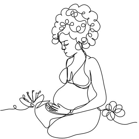 A pregnant girl with curls sits in a lotus position in one line on a white background. The concept of enjoyment, calmness, expectation of a child. A woman strokes her belly.のイラスト素材
