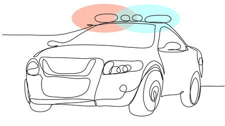 Police car with flashing flashing lights in one line on a white background. The concept of law and order, the prosecution of criminals and the implementation of laws. Stock vector illustration.のイラスト素材