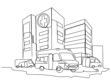 Simple hospital with buildings and ambulances in one line on a white background. Conceptual image of the Clinic. Stock vector illustration with editable stroke.のイラスト素材
