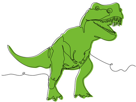 Dinosaur in one line on a white background. Tyrannosaurus rex concept with green silhouette and minimal outline. Stock vector illustration with editable stroke.のイラスト素材