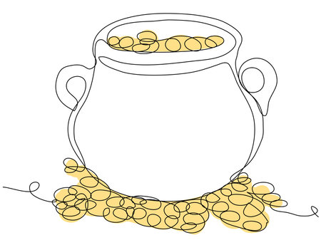 Cauldron with gold coins in one line on a white background. Leprechaun wealth for St. Patrick's Day. Stock vector illustration with editable stroke.のイラスト素材