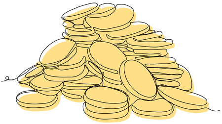 Golden coins in one line on a white background. The concept of great wealth and capital. Income in physical monetary terms. Stock vector illustration with editable stroke.のイラスト素材
