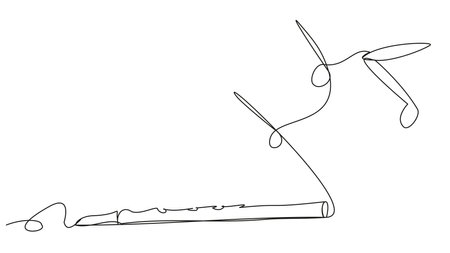 Illustration with one line pipe on a white background. Ringing and piercing melody symbol. The concept of a simple folk instrument of classical music. Vector outline flute with notes.のイラスト素材