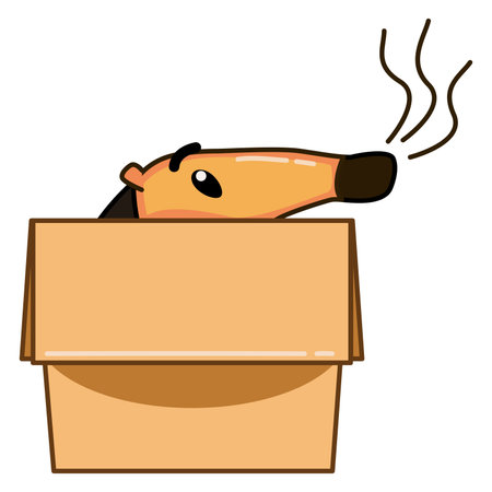Sticking out long animal nose in cardboard box on a white background. Stock illustration of a hiding hedgehog in a parcel. The concept of avoiding problems, quarantine, self-isolation, panic attack.のイラスト素材