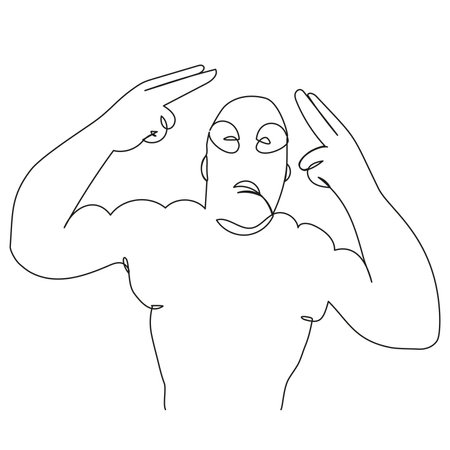 A sporty guy with big muscles shows his fingers a gesture of two pistols. A man in a balaclava at a protest drawn with a single continuous line. Vector stock illustration of criminal, vandal, protesteのイラスト素材