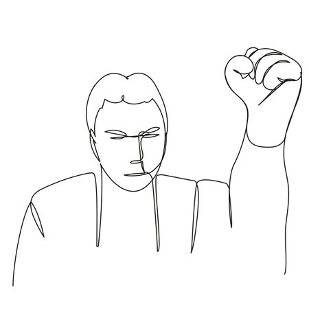 A frowning guy with a raised fist drawn in a continuous line on a white background. Threatening disgruntled person. Stock vector illustration of an aggressive man with editable outline.のイラスト素材