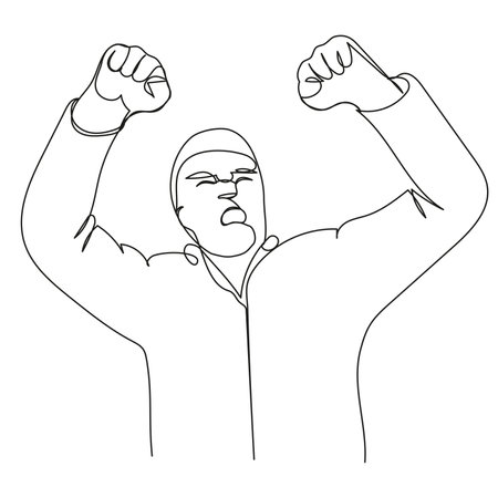 Indignant guy with raised fists up in a continuous line on white isolate. Vector illustration of street protest movements. A disgruntled man yelling angrily.のイラスト素材