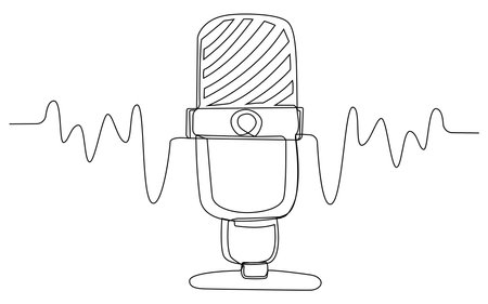 Microphone in one line on a white isolate. Vector illustration with sound equipment. Stock musical image.のイラスト素材