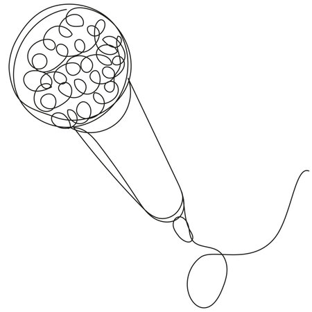 Microphone drawn in continuous line on a white background. Concept with singing, politics, public speaking, stream, audio conference. Vector stock illustration. Editable stroke.のイラスト素材