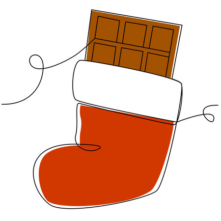 New Year's Santa boot with one-line gift on a white background. New Year's chocolate gift for Christmas. Stock festive illustration with sweetness.のイラスト素材