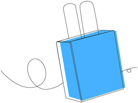 Shopping bag in one line and blue color silhouette on white isolate. Concept for online ordering, delivery, shopping, offers, discounts. Vector outline of the package with place for text.のイラスト素材