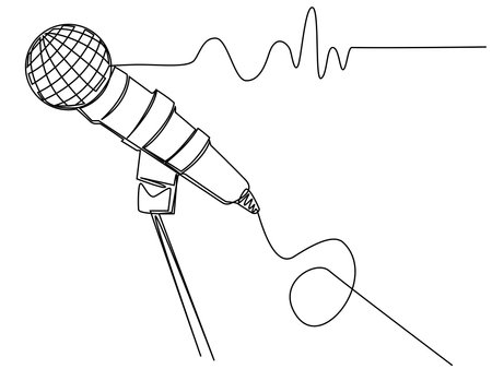 Microphone with one line stand on white isolate. Vector illustration with sound equipment. Stock musical image.のイラスト素材