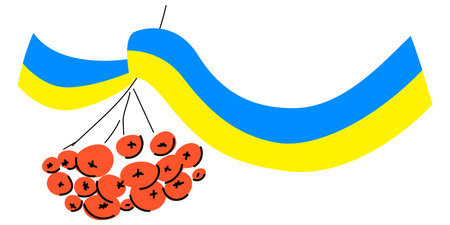 A sprig of viburnum with a yellow-blue ribbon. Symbol of Ukraine and the culture of a free country. Patriotic Ukrainian illustration in flat style.のイラスト素材