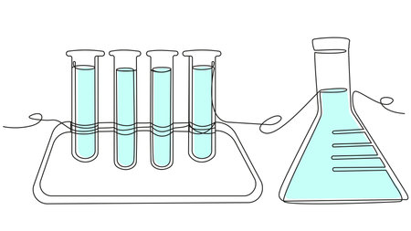 Chemical set with test tubes and flask in one line on a white background. Blue liquid in glass reagents. The concept of chemical experiments, laboratory classroom activities.のイラスト素材