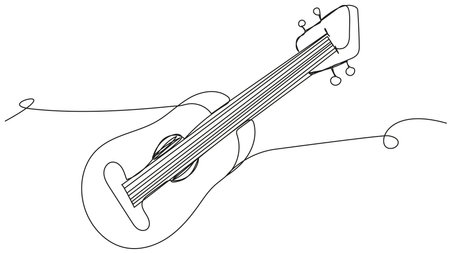 Abstract guitar in one line on a white background. Vector illustration of a stringed musical instrument. Concept of online guitar lessons, soulful symphonic concert, bard song.のイラスト素材