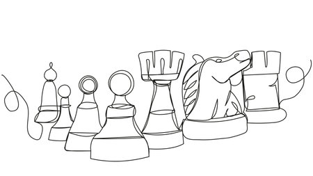 Lined up chess pieces in one line on a white background. Vector illustration with strategic game for intellectuals. A set of playing pieces: pawns, knight, round, king, officer.のイラスト素材