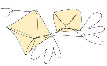 Two doodle mails in one line on a white background. Vector illustration with the symbol of two letters and wings. Mailing of lovers.のイラスト素材