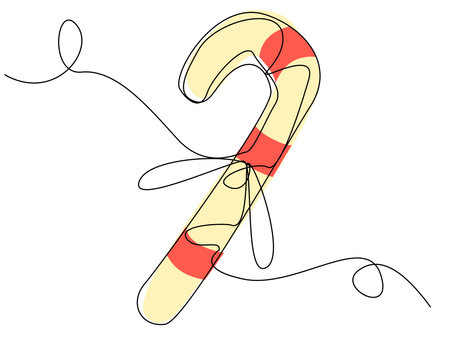 One line cane lollipop on white isolate. Curved candy bar with red stripes. abstract vector caramel for new year card, banner, flyer. Christmas element with sweetness.のイラスト素材