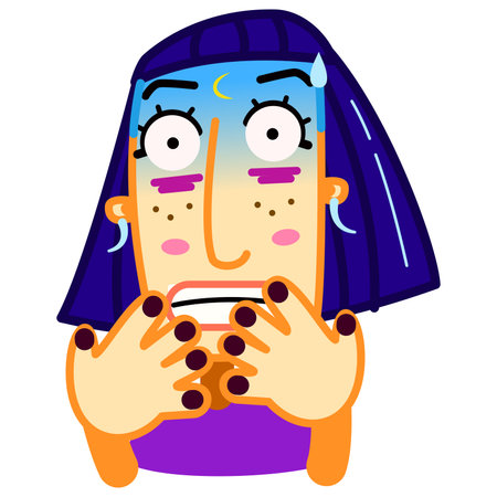 Scared blue-haired girl with hands covering her mouth on a white background. Shock, panic, psychic attack concept. Ethnic woman with a frightened look.のイラスト素材